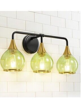 NWT Vanity 3-Light Fixture Gold & Black Metal Green Globe Glass Shades